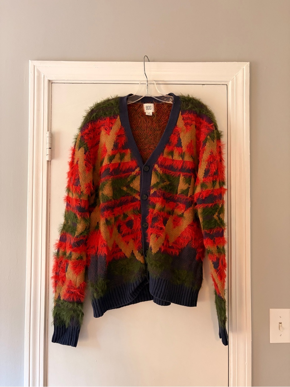 Urban Outfitters Multicolor Fuzzy Geometric Cardigan - Red, Green, Navy, Tan